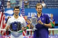 (L-R): Novak Djokovic & Daniil Medvedev with their trophies at the 2021 US Open